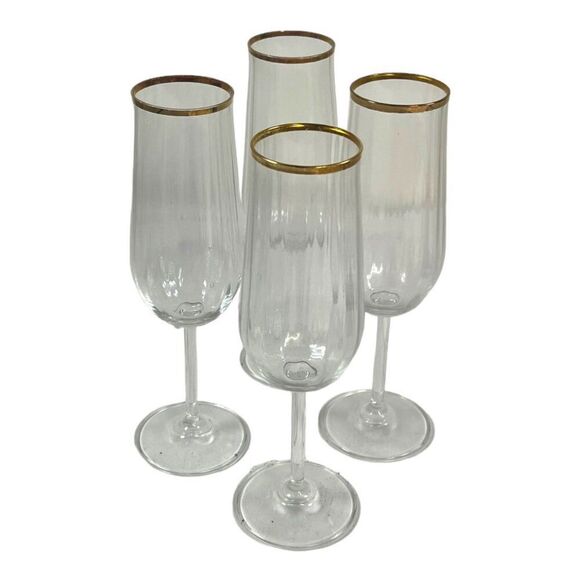 4 Vtg Champagne Flutes Crystal Lead Germany Gold Rimmed Elegant Wedding Stemware - Picture 1 of 6